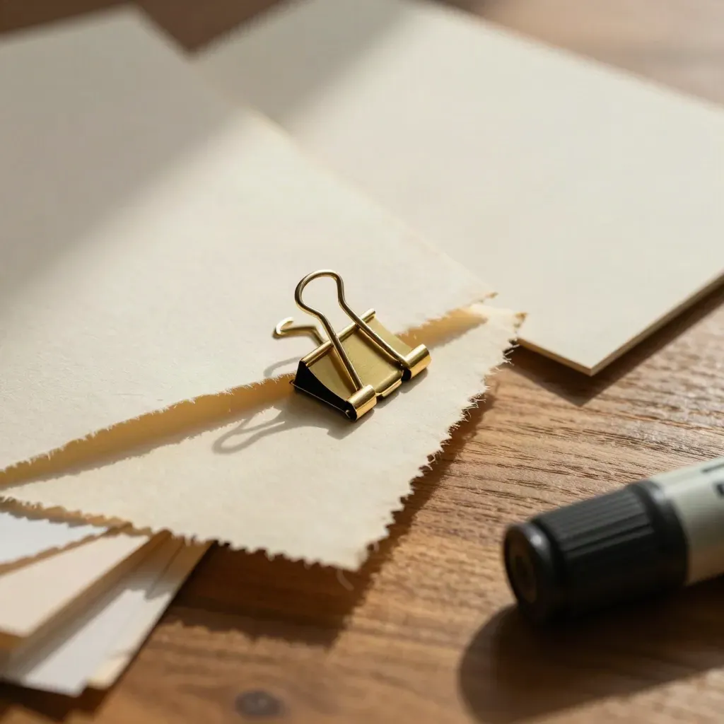 Extreme macro of paper swatches, brass clips and a marker cap on warm oak.