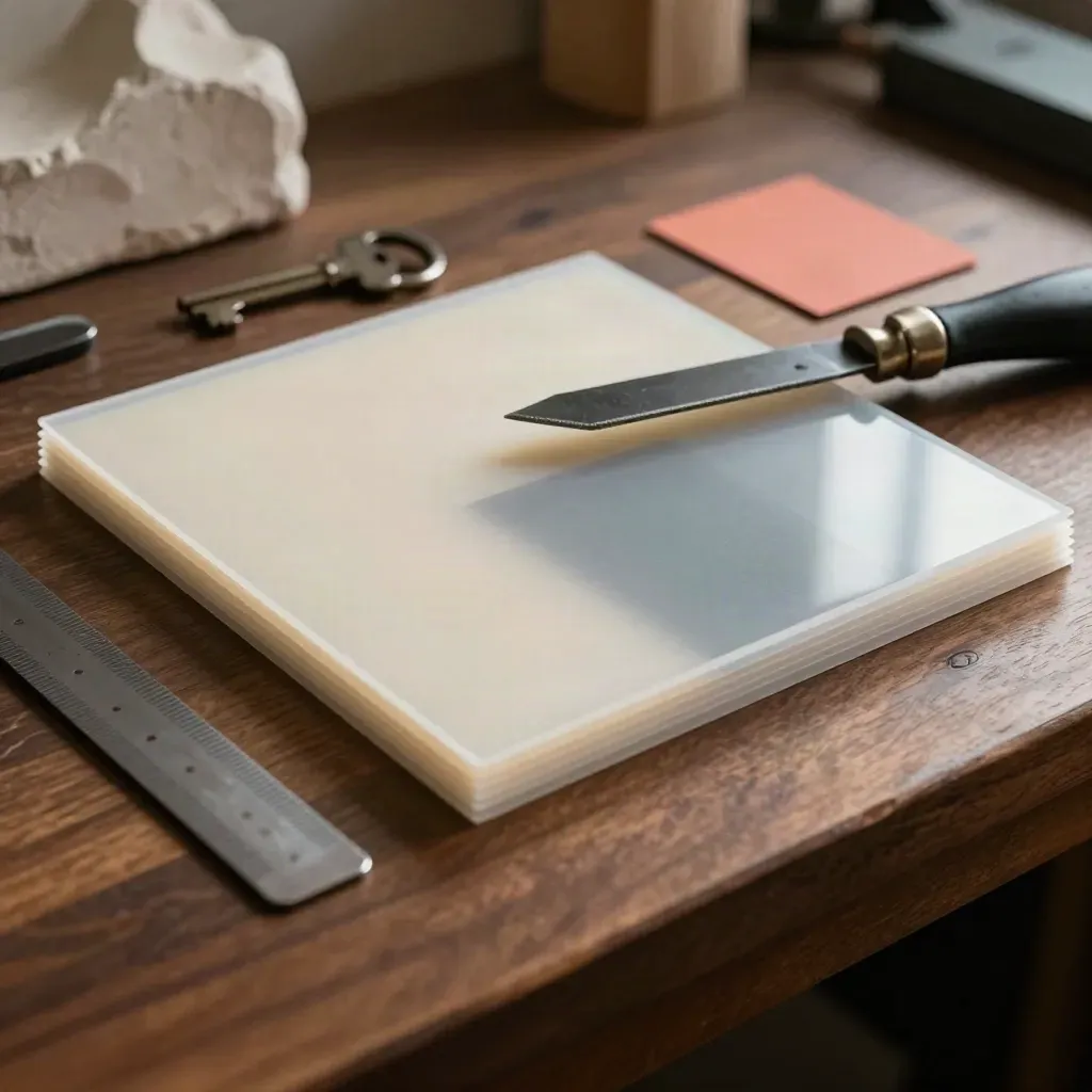 Acetate overlays, craft knife and colour chips on a walnut print bench under hard studio light.