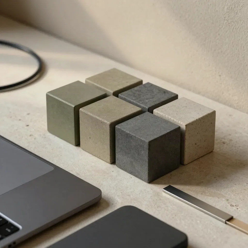 Modular layout blocks, trackpad and coiled cable on pale stone, lit in a close macro composition.