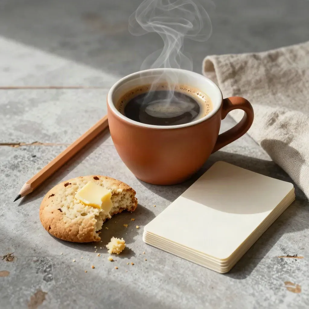 Coffee, biscuit, pencil and blank cards on a rustic surface in warm daylight