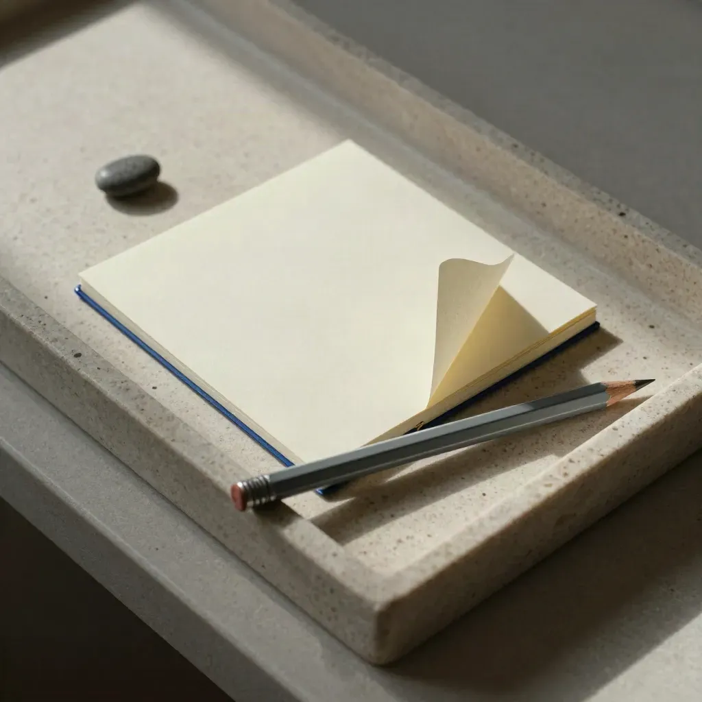Top-down still life of a stone tray with a cobalt-edged pebble, folded card and graphite pencil stub.