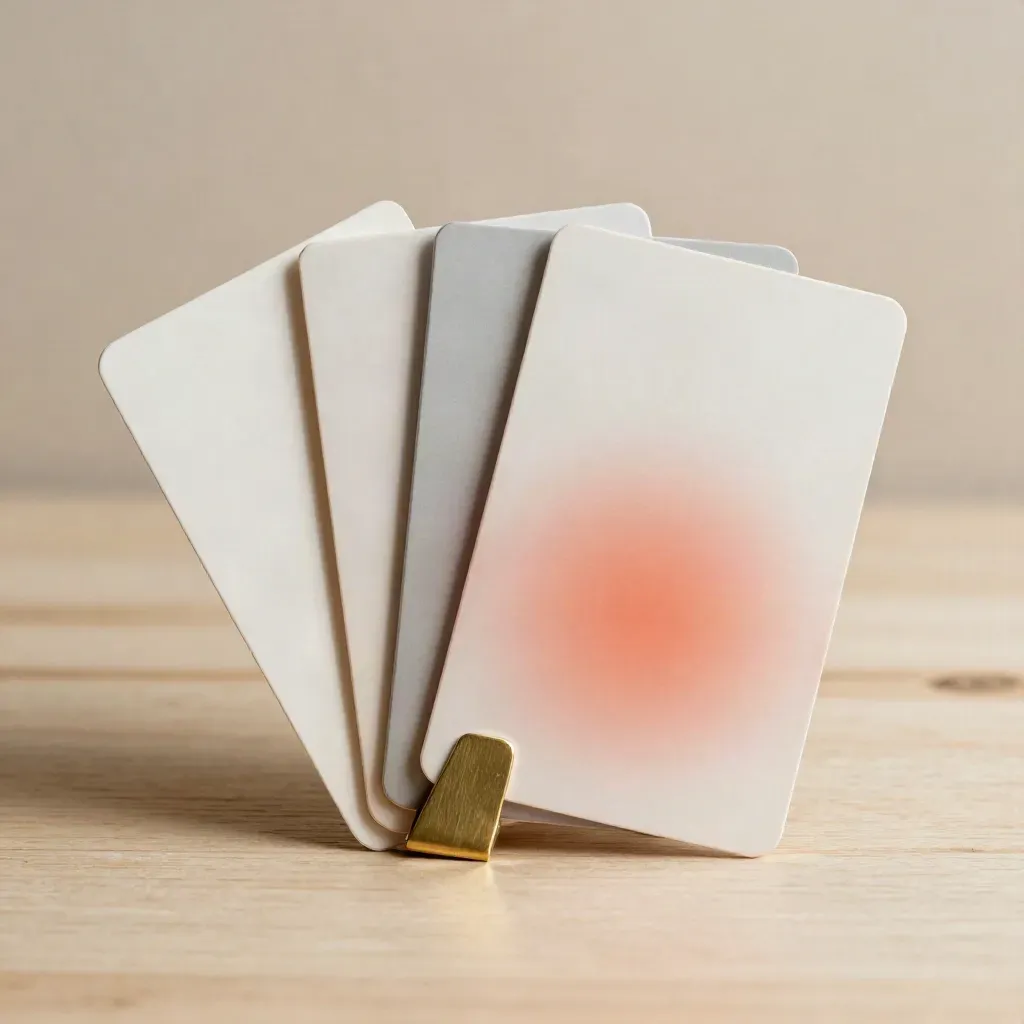 Matte concept cards, brass clip, and translucent mock-up tile on pale wood.