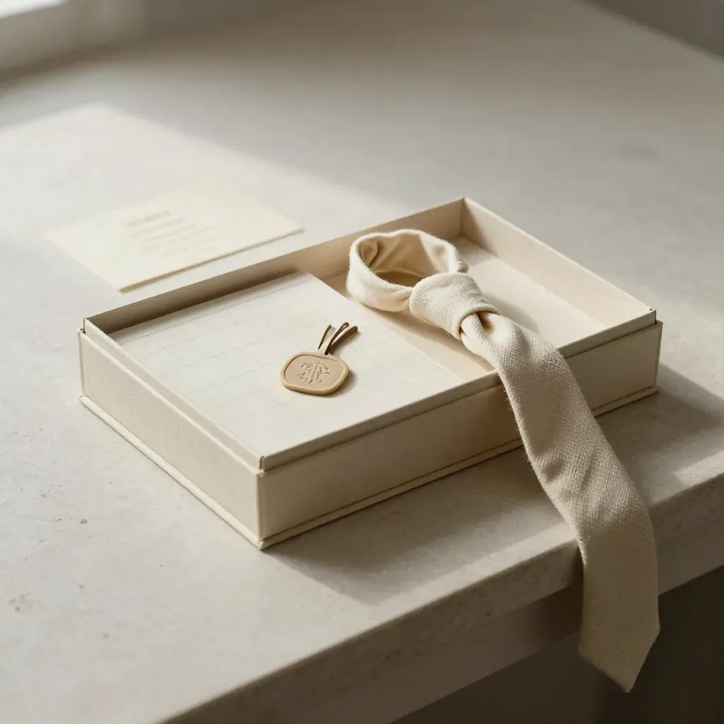 Ivory identity box with nested dividers, embossed token, and cotton tie on plaster.