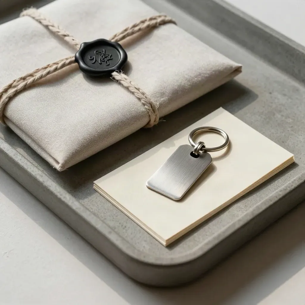 Top-down tray with a sealed folder, sample cards and a metal tag on concrete.