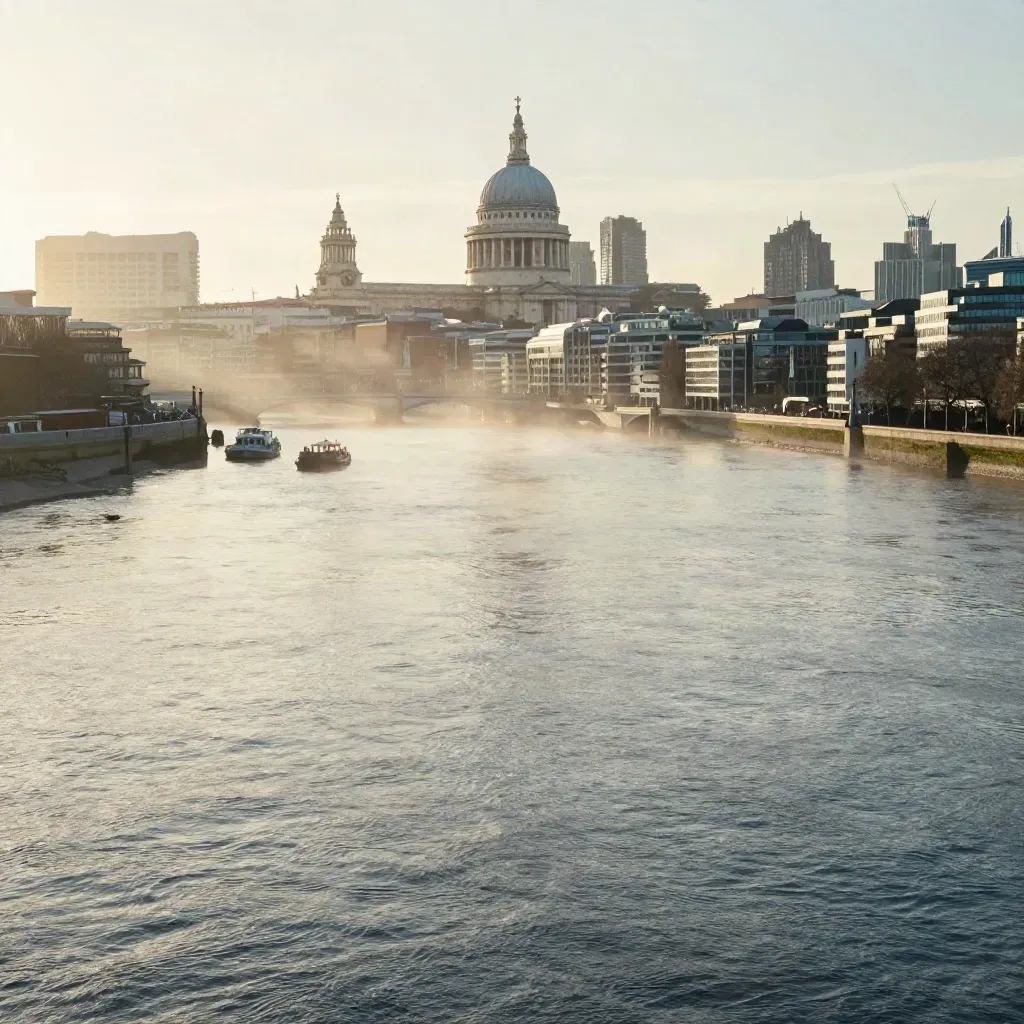 London Thames bend with St Paul’s and the South Bank above a misty river at dusk