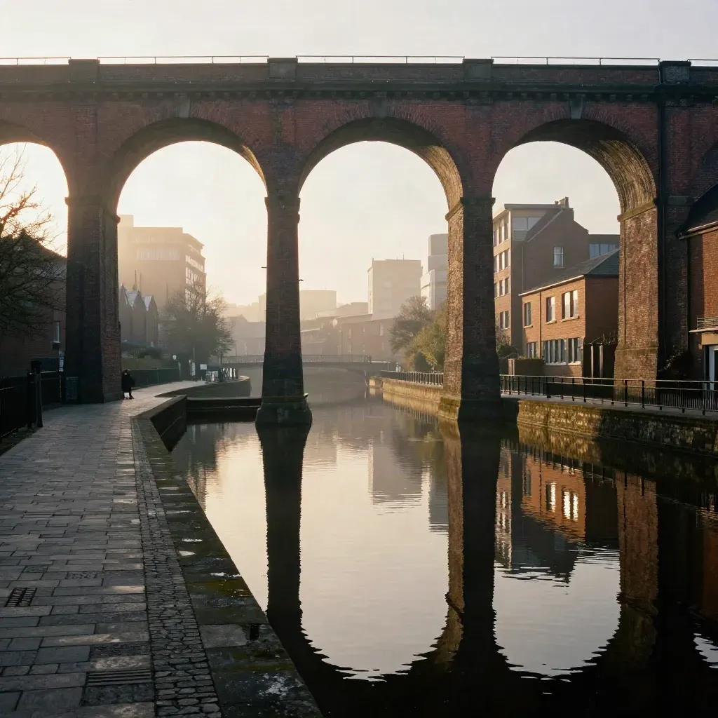 Castlefield viaducts over a golden canal, Manchester skyline in soft haze.