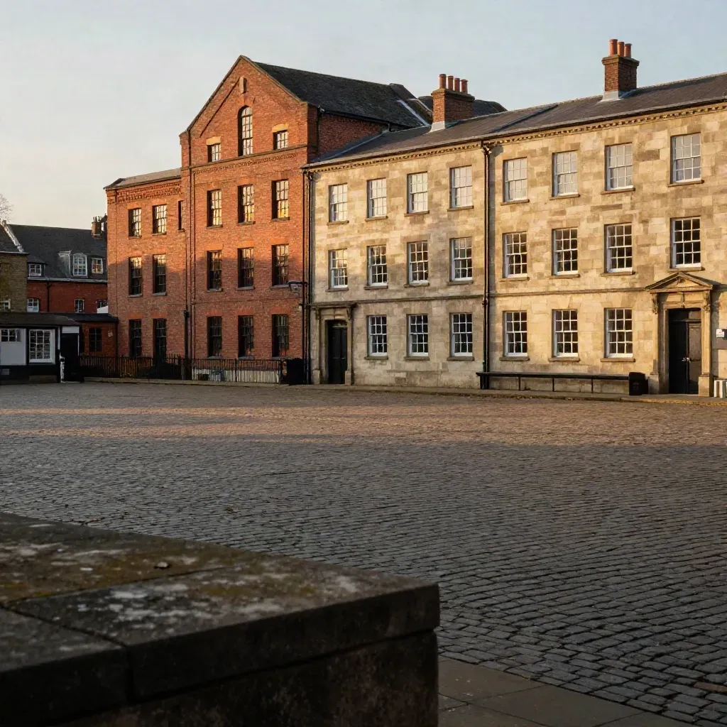 Jewellery Quarter mills above a quiet stone square in warm evening haze.