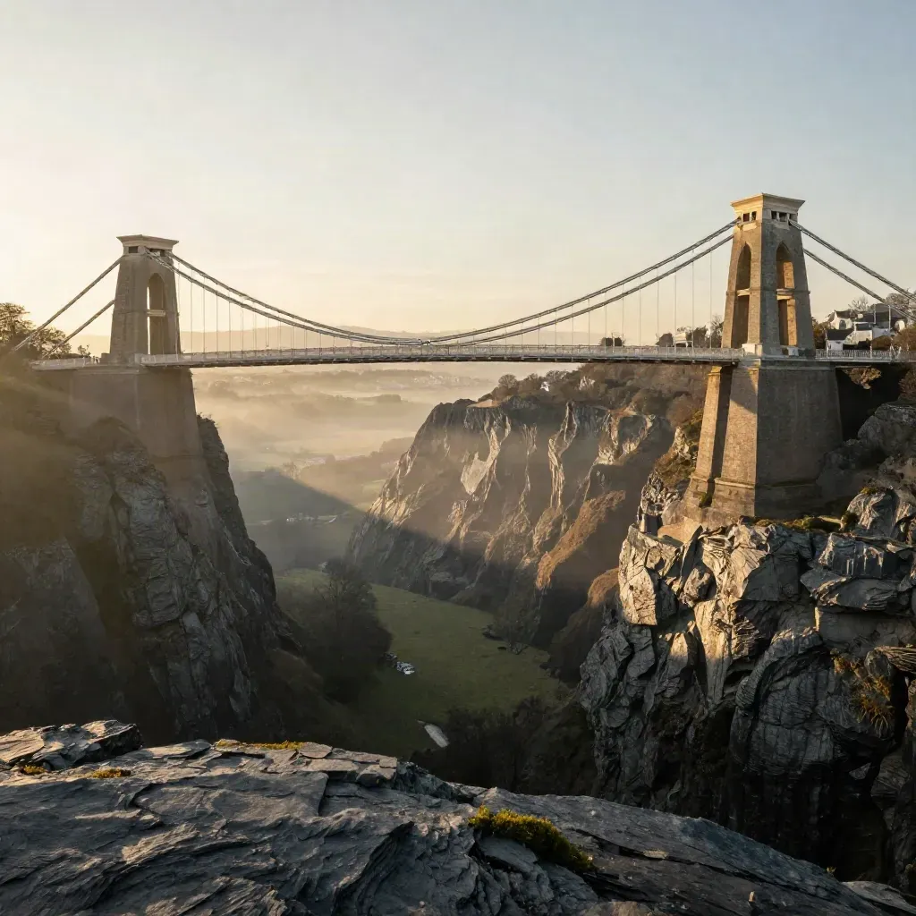 Clifton Suspension Bridge over Avon Gorge in golden haze, wide calm landscape for copy