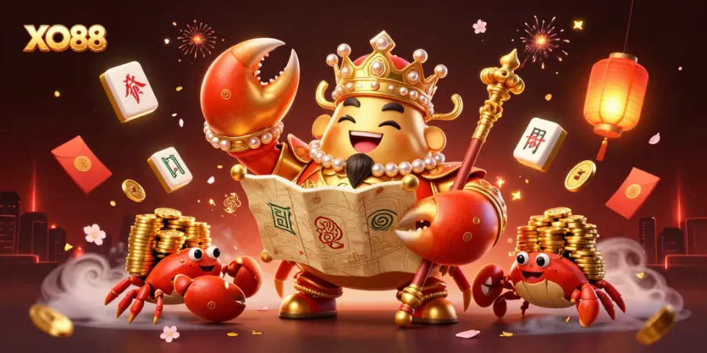 Experience the vibrant world of XO88 with a golden crab emperor amid casino treasures.