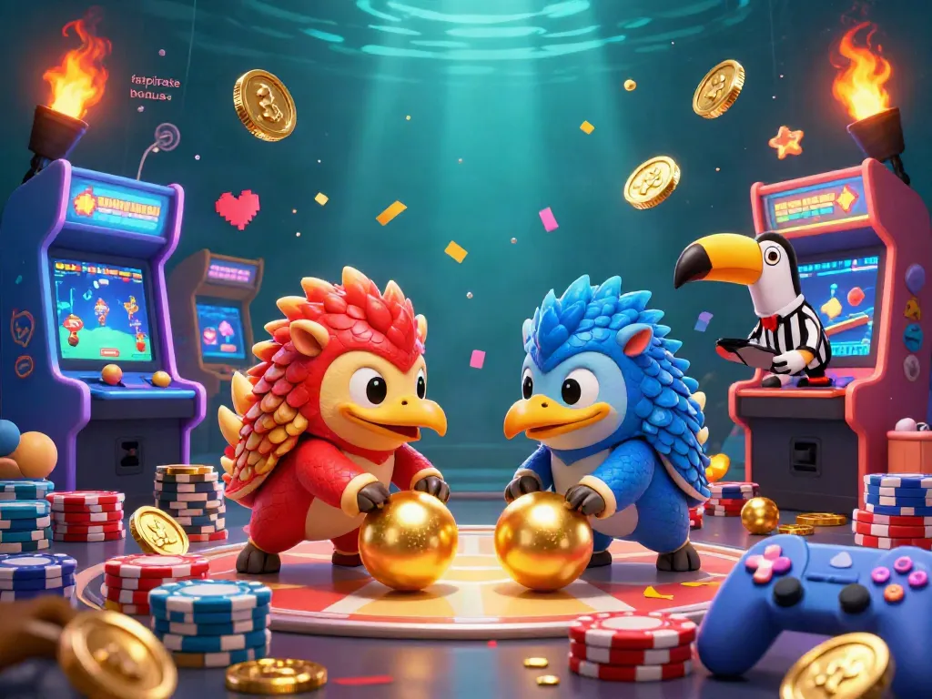Engage with the fatpirate bonus as pangolins competitively roll golden balls through poker chips in a dynamic casino arcade.