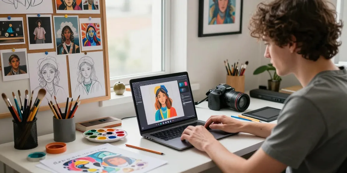 Artist using an image to prompt tool in a creative workspace, blending technology and traditional art.