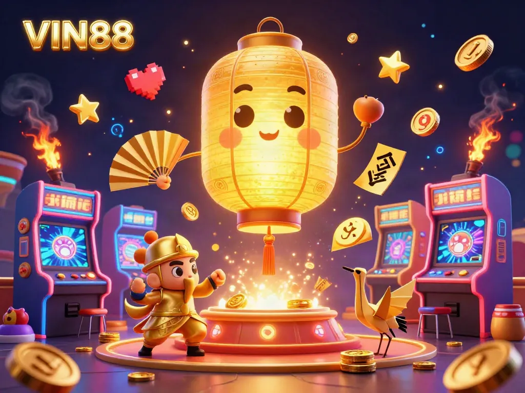 Experience the thrill of VIN88 with golden lantern spirits and arcade games in a vibrant casino scene.