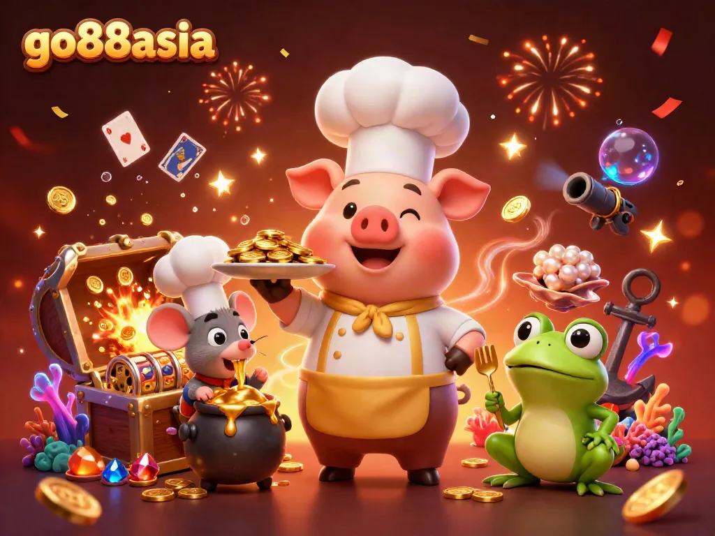 Chef pig serves gold coins in a festive casino scene celebrating go88asia's exciting gaming opportunities.