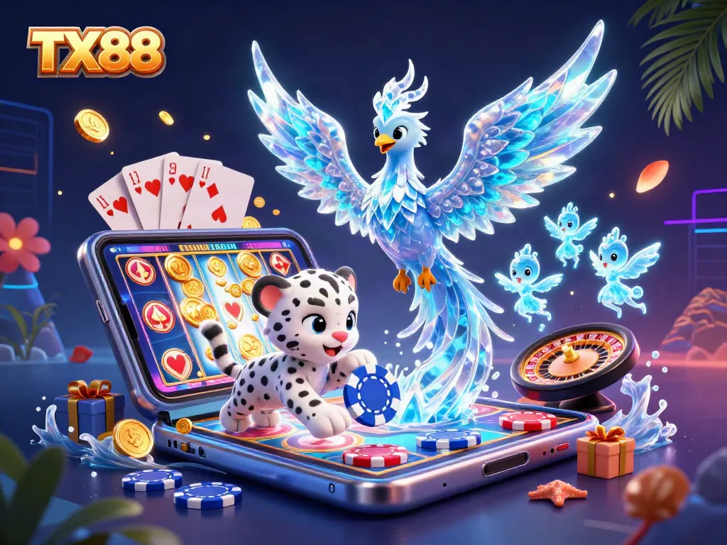 Engage in thrilling action at TX88 with a vibrant casino scene packed with fun characters and games.