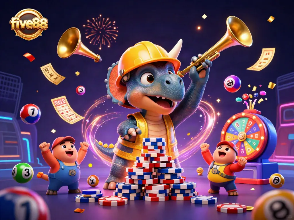 Win big at five88 with dynamic lottery games featuring adorable dinosaurs celebrating!