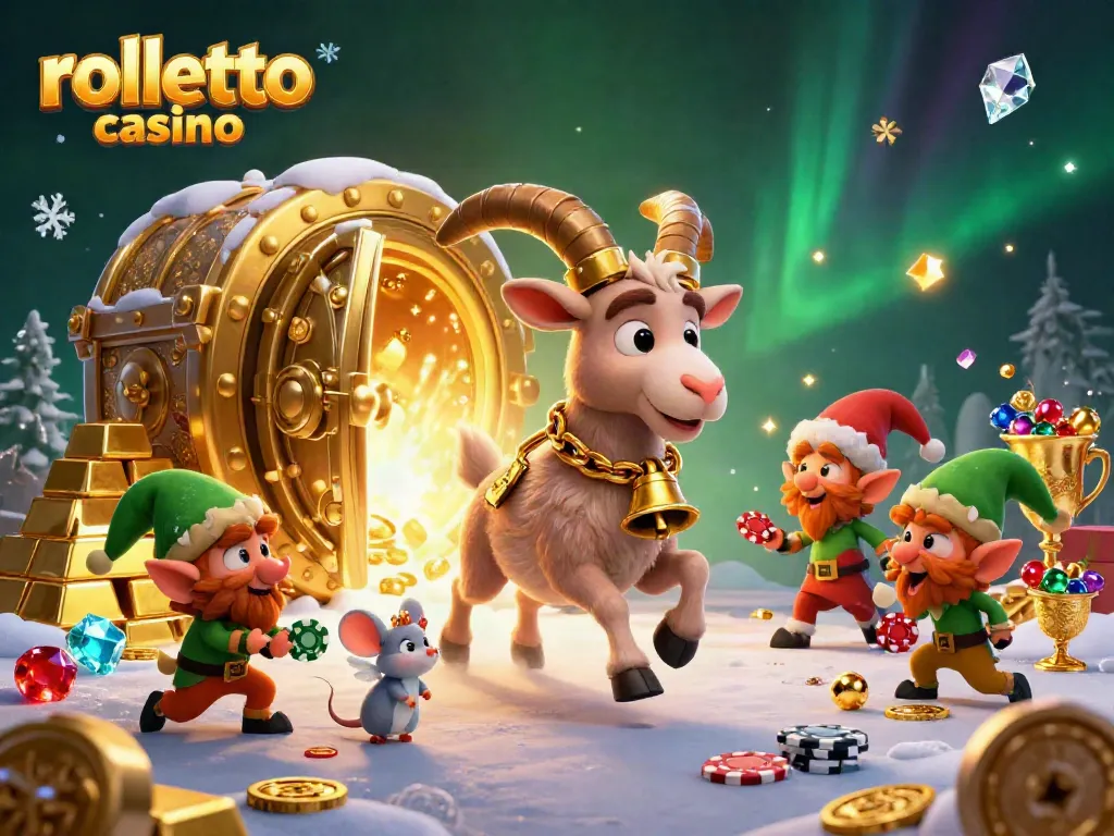 Experience rolletto casino action in a vibrant scene with a Krampus goat, angel mouse, and mischievous elves.