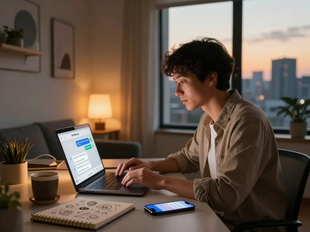Engaging in nsfw chat ai from a cozy home office during golden hour, showcasing personal audio-visual interaction.