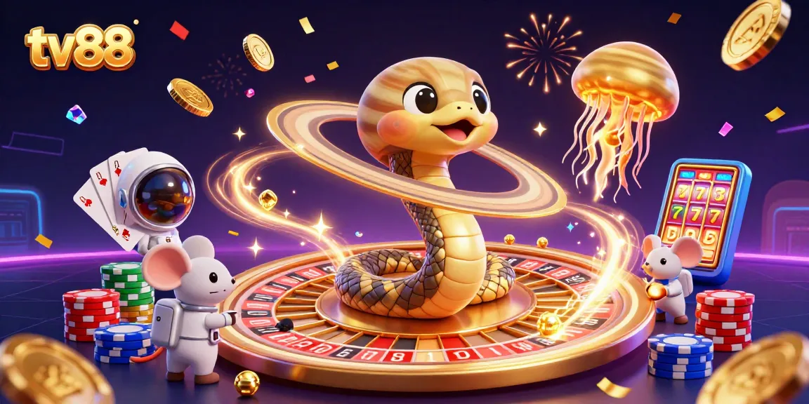 tv88 showcases a vibrant cosmic casino scene with a Saturn ring snake, joyful mice betting, and a golden jellyfish dealer