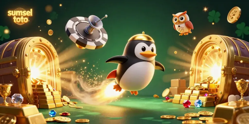 Experience the excitement of sumsel toto with a golden penguin and treasure at a casino space station.