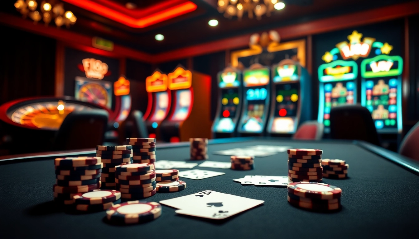 Experience the thrill of the casino with แบรนด์ F168 showcasing poker chips and slot machines in a luxurious setting.