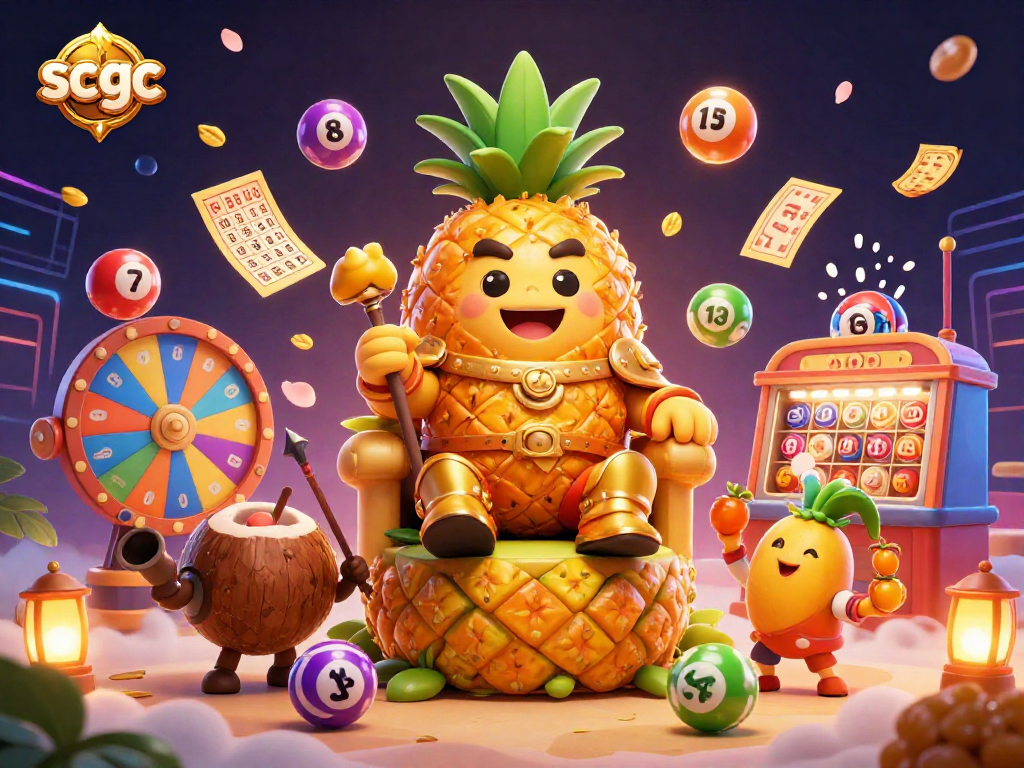 Join the excitement at SCGC's beach casino with golden king and colorful game elements!