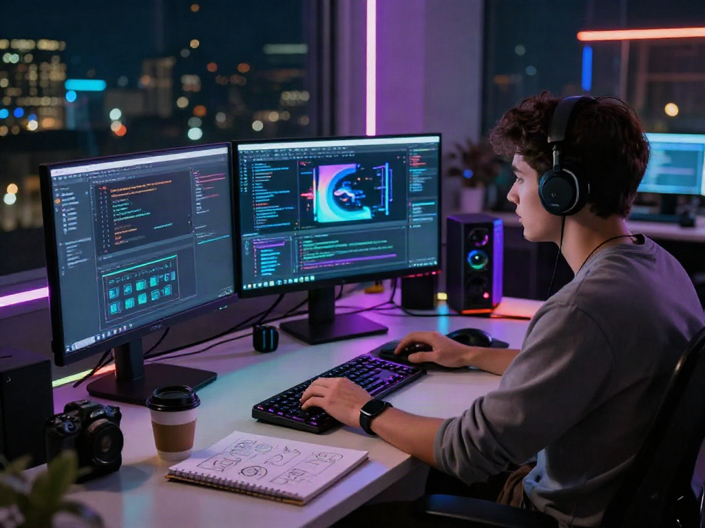 Coder analyzing nsfw algorithms in a vibrant urban workspace.