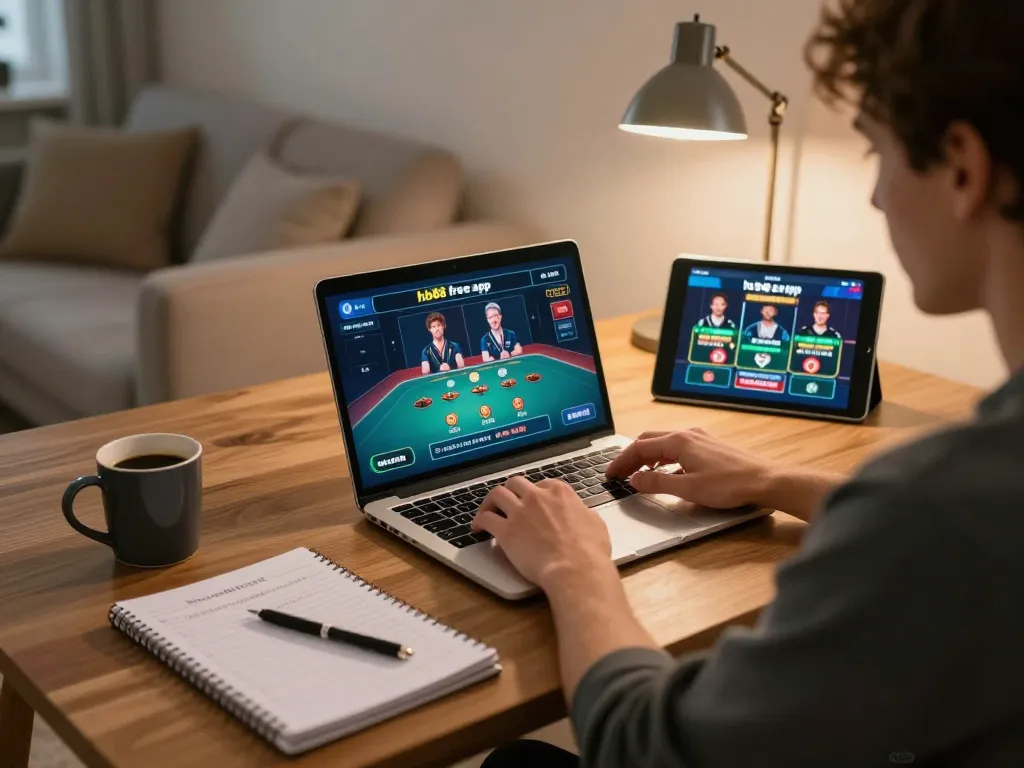 Player engaging with the hb88 free online casino app at home, enjoying a strategic gaming session.