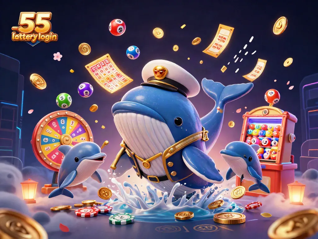 Engage with the 55 lottery login scene featuring a whale, narwhal, and dolphins surrounded by dynamic lottery elements.