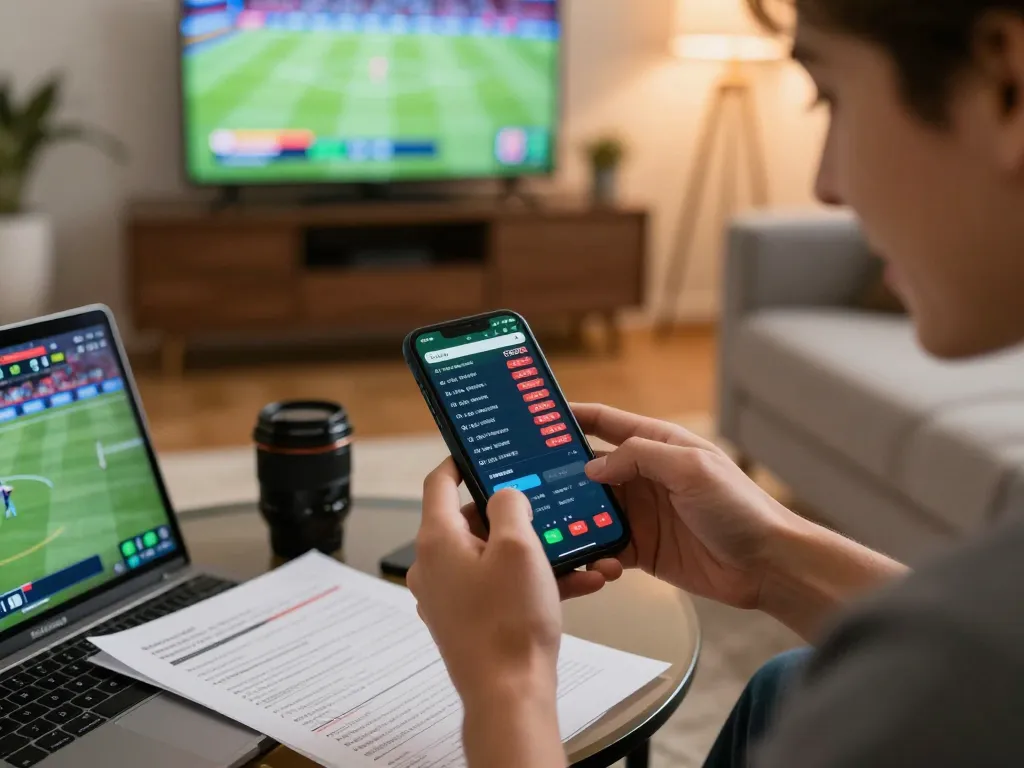 Engaging in live sports betting on a smartphone for 7m cn in a cozy home setting
