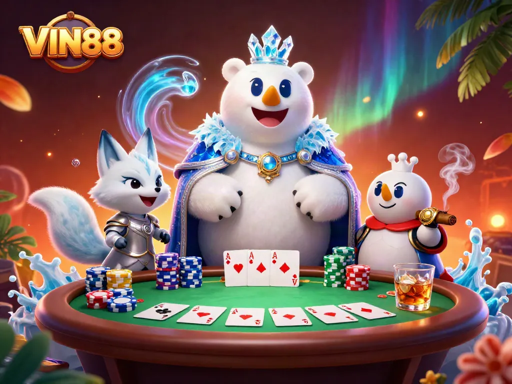 Experience thrilling action at VIN88 with a vibrant casino illustration featuring characters engaging in poker.