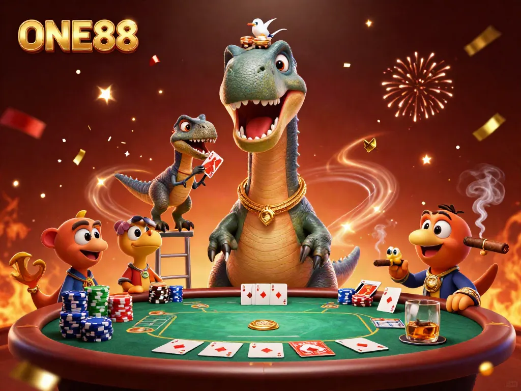 Engage with the thrilling ONE88 casino scene, featuring a towering brontosaurus and a raptor dealer, surrounded by vibrant poker action.