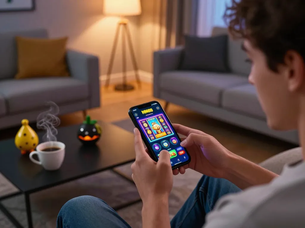 Player enjoying MM88 casino app on smartphone in a cozy living room setting, showcasing user-friendly interface on screen
