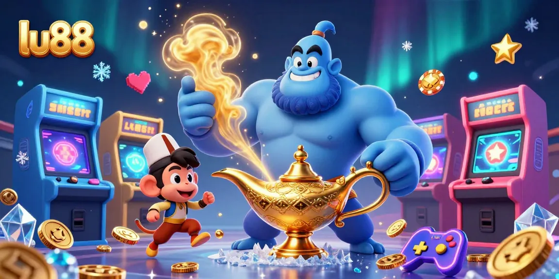 Experience gaming magic with lu88; a powerful genie, poker chips, and casino excitement.