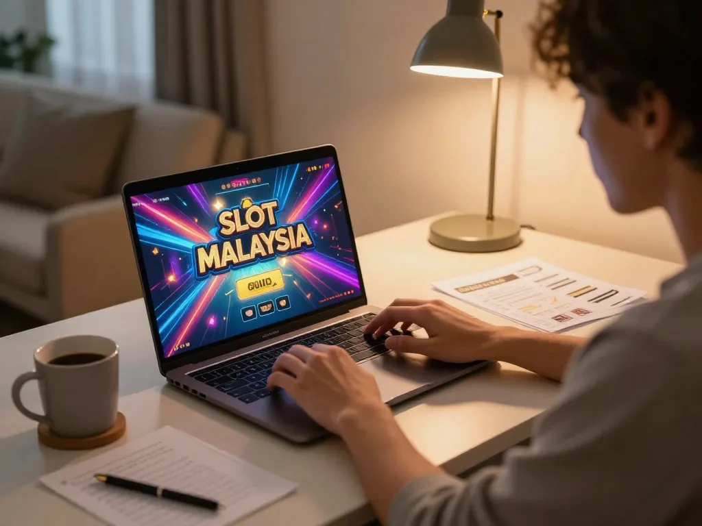 Engaging in Slot Malaysia gameplay on a laptop at home, showcasing strategic notes and inviting atmosphere