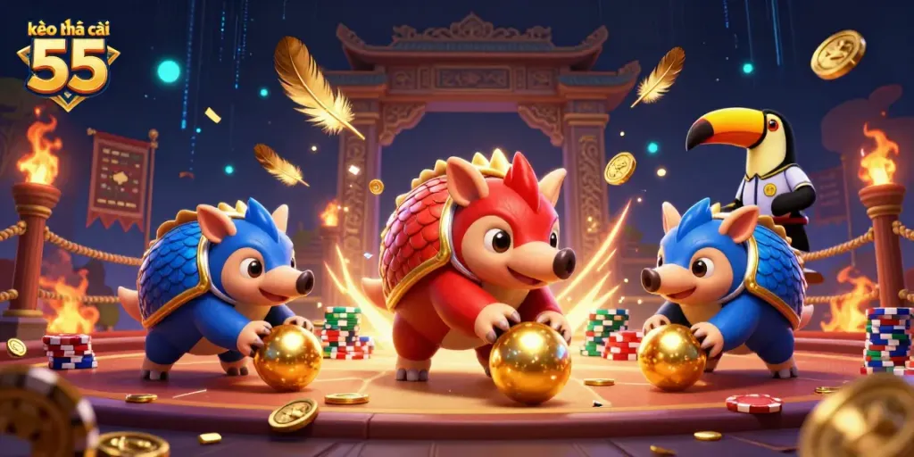Experience thrilling action at kèo nhà cái 55 with vibrant pangolins and poker chips in a lively gambling scene.