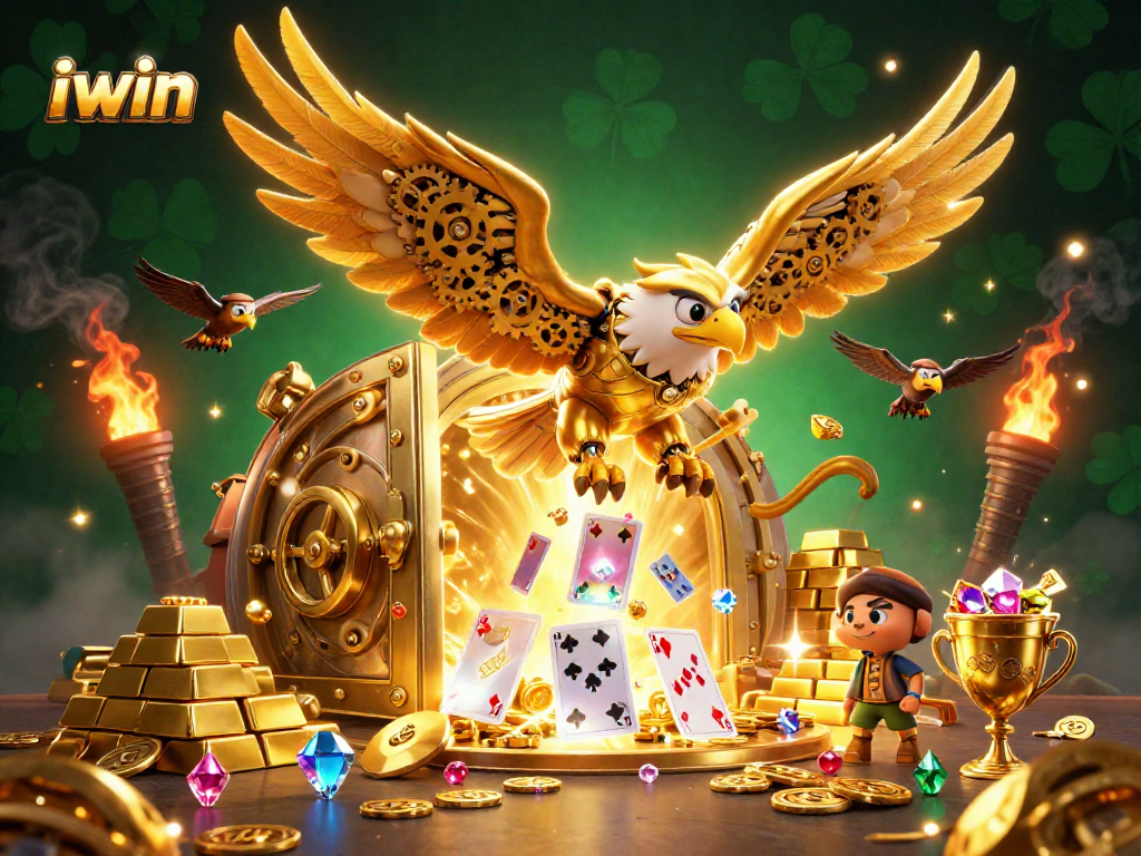Experience the thrill with iwin as a golden eagle soars through holographic playing cards.