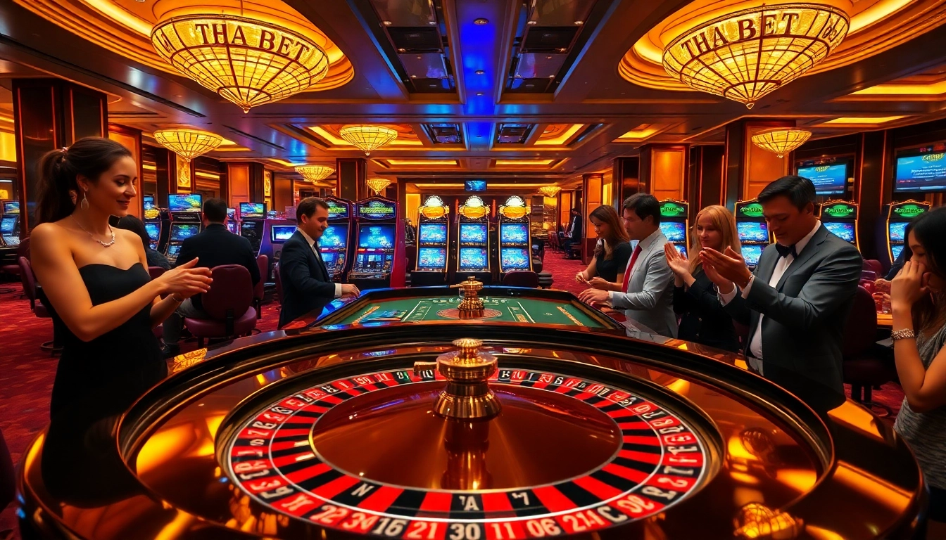 Join the excitement at THA BET with players enjoying roulette and slot machines in a vibrant casino.