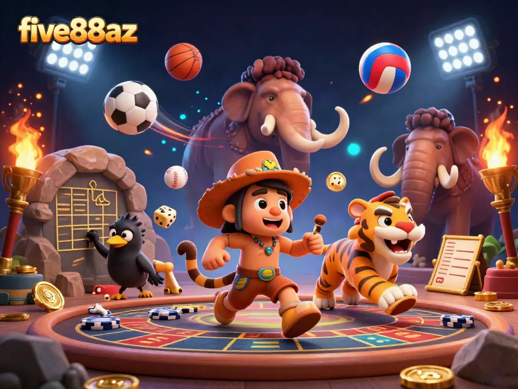 Experience the excitement of five88az with a dynamic prehistoric casino scene featuring a caveman and saber-tooth duo.
