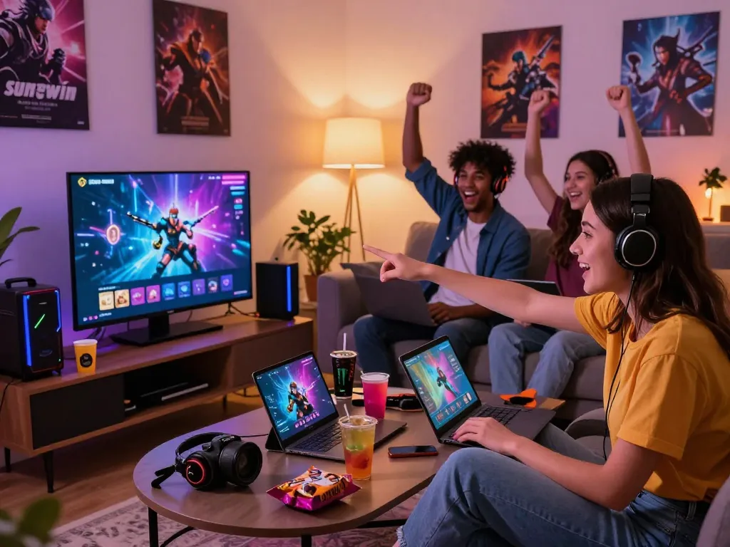 Friends enjoying gaming sessions at Sunwin with laptops and energy drinks in a cozy living room.