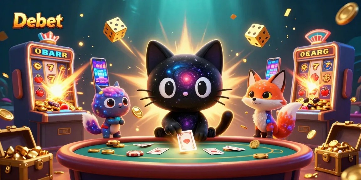 Experience Debet's unique casino magic as a black hole cat plays in a cosmic scene filled with gaming excitement.