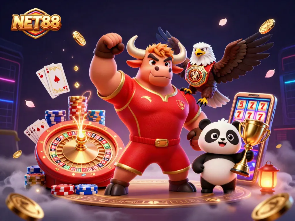 Experience the thrill of NET88 with our vibrant 3D casino scene showcasing a victorious mascot surrounded by exciting gambling elements.