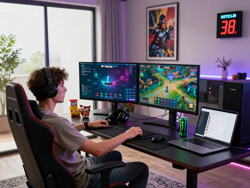 Exciting scene of a gamer downloading games at Hitclub, showcasing modern gaming setup.