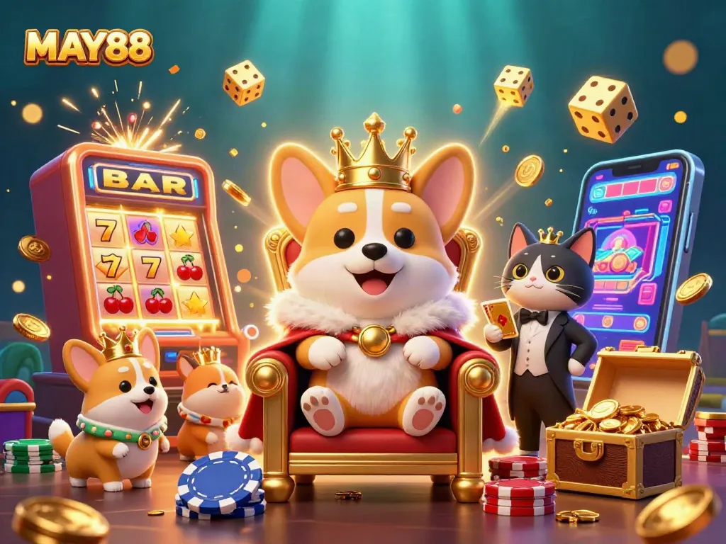 MAY88 presents an exciting scene with a royal corgi, jackpot slots, and dazzling gold coins!
