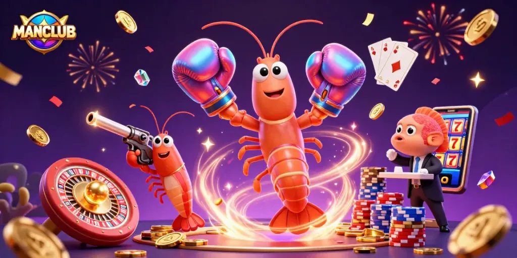 Win big with MANCLUB while enjoying vibrant games like slots and roulette in this festive illustration.