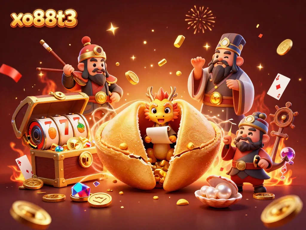 Experience the excitement of xo88t3 with a vibrant 3D illustration featuring a golden fortune cookie and dynamic casino elements.