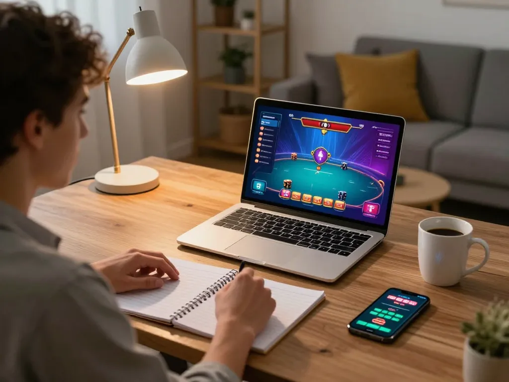 MM88 player engaging in strategic poker, showcasing online gaming setup and cozy ambiance.
