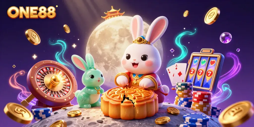 Engage with ONE88's vibrant casino illustration showcasing thrilling games and dynamic energy.