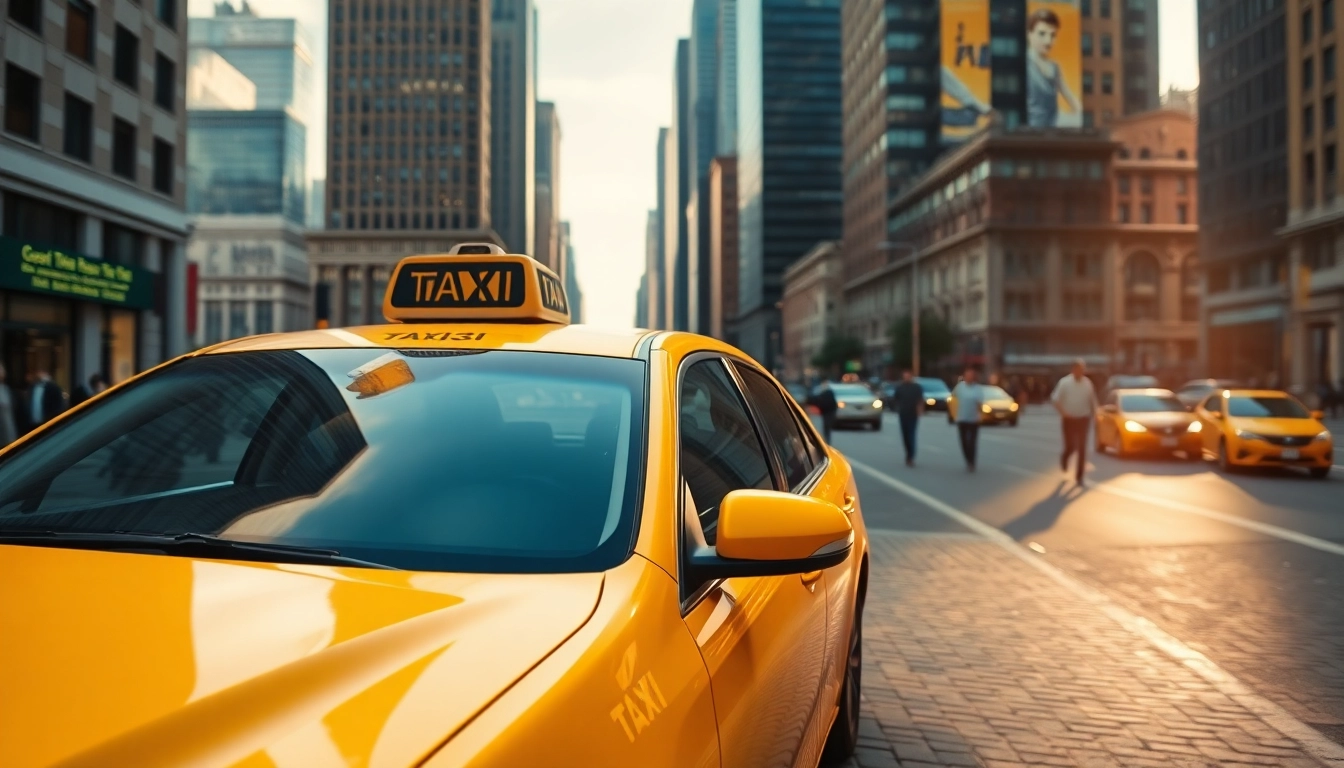 Taxi in a vibrant urban setting, capturing the energy of city life with pedestrians.