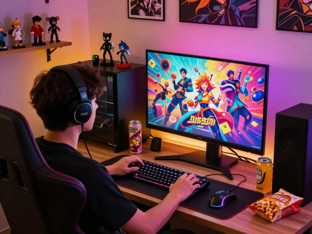 Engaged player enjoying free porn games on a vibrant gaming setup with character visuals and gaming accessories.