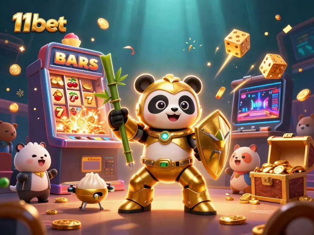 Engage in thrilling action with 11bet's vibrant 3D casino illustration featuring a golden panda and dynamic gaming elements.